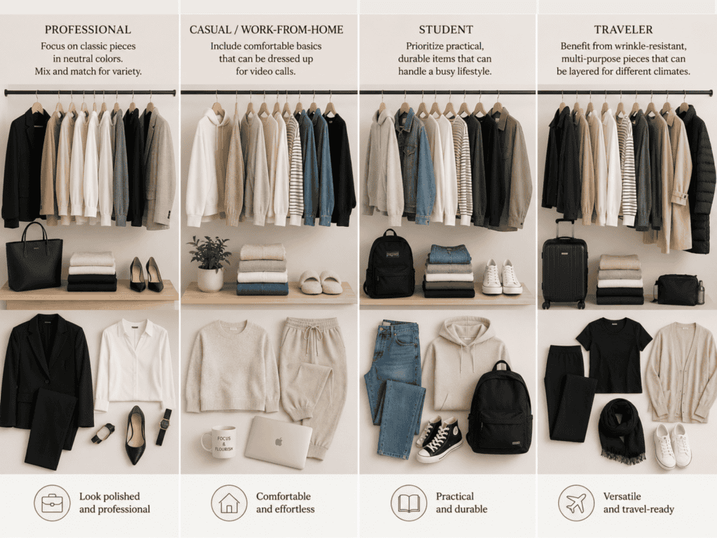 Four minimalist wardrobe examples for professional, work-from-home, student, and travel lifestyles with versatile neutral clothing and accessories.