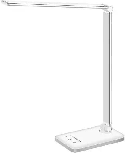 white crown LED Desk Lamp Dimmable Table Lamp Reading Lamp with USB Charging Port, 5 Lighting Modes, Sensitive Control, 30/60 Minutes Timer (White & Silver) (White & Silver) (White & Silve...