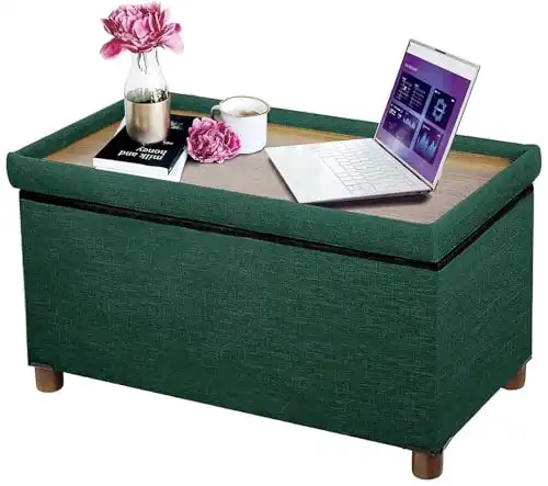 Ao Lei 30 Inches Storage Ottoman Bench, Storage Bench with Wooden Legs for Living Room Ottoman Foot Rest Removeable Lid for Bedroom End of Bed, Linen Fabric Green Color