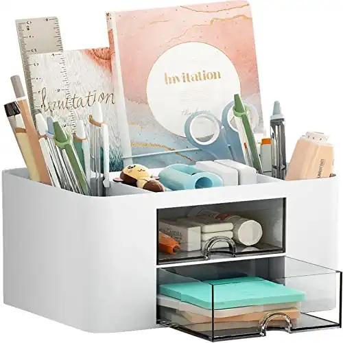 Marbrasse Pen Organizer with 2 Drawer, Multi-Functional Pencil Holder for Desk, Desk Organizers and Accessories with 5 Compartments + Drawer for Office Art Supplies (White)