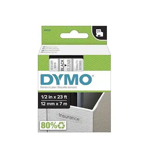 DYMO Authentic D1 Label l DYMO Labels for LabelManager, COLORPOP and LabelWriter Duo Label Makers, Great for Organization, Indoor or Outdoor Use, ½ (12mm), Black Print on Clear Tape, Water Resistant