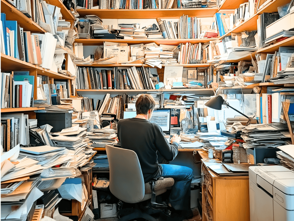 The home office of a hoarder with a man sitting at a desk working on a computer.