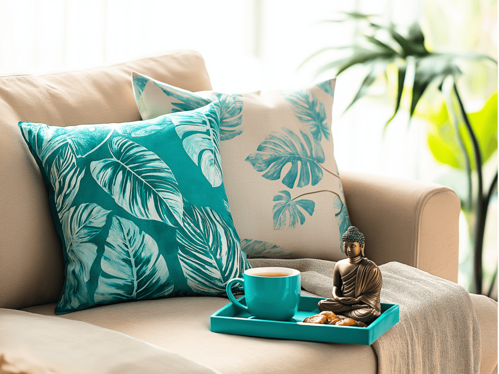 The corner of a couch with two pillows and a tray of coffee.