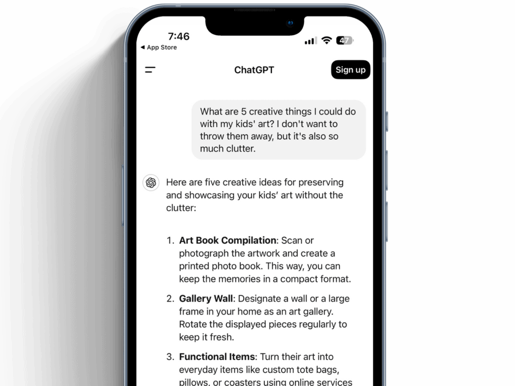The ChatGPT app on my phone screen with a question about what to do with kids art.