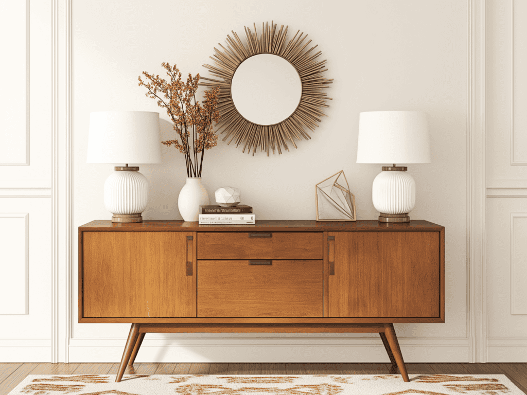 A entryway with a wooden table and decorative items on top.