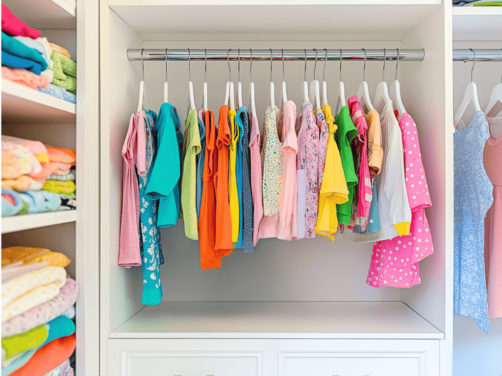 Little girls clothes hanging in a closet and organized by color.