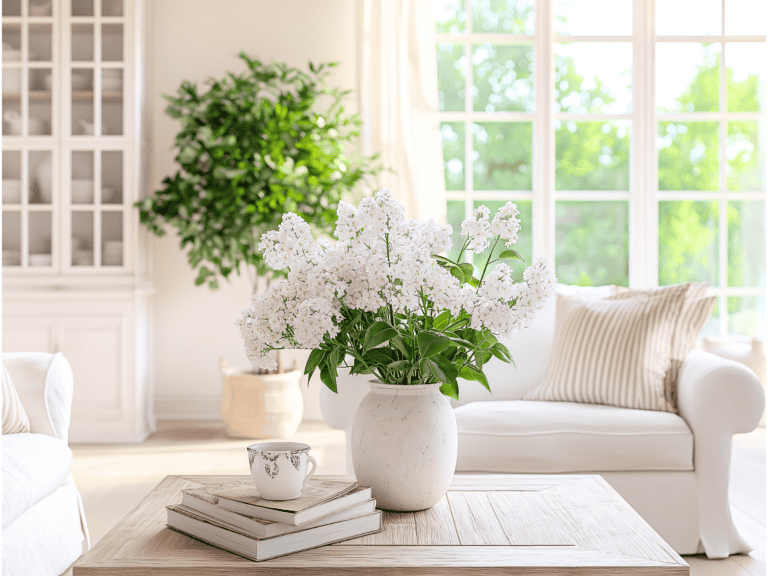 A close up of a potted plant on a coffee table in a white living room.