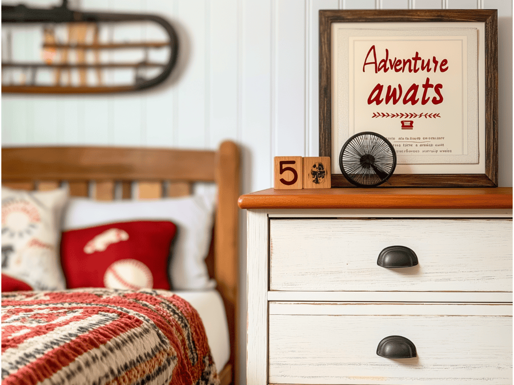 A white dresser with a bed in the background with a red baseball theme comforter.