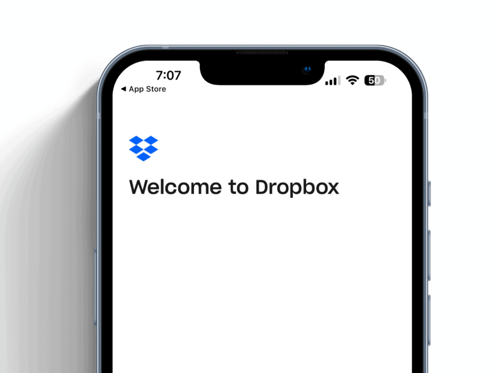 The Dropbox app on the screen of an Iphone.