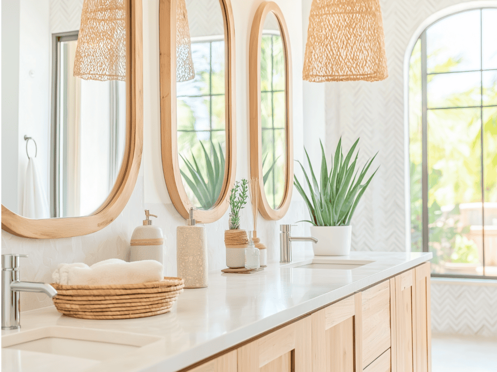 A well organized bathroom vanity with mirrors.