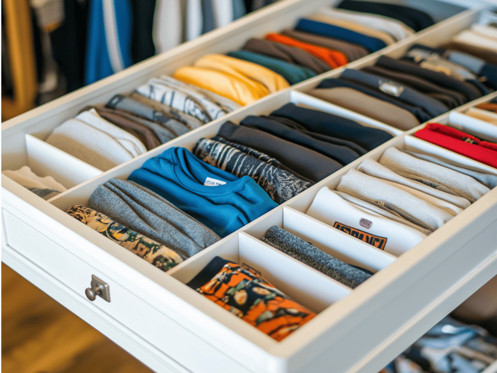 An open white drawer with dividers and clothes file folded neatly.