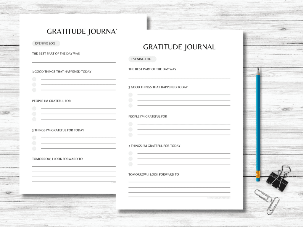 The gratitude journal page from my home binder beside of a pencil,