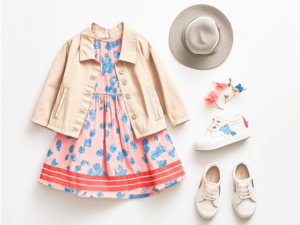 A child's dress, jacket, hat, and shoes laying on the floor.