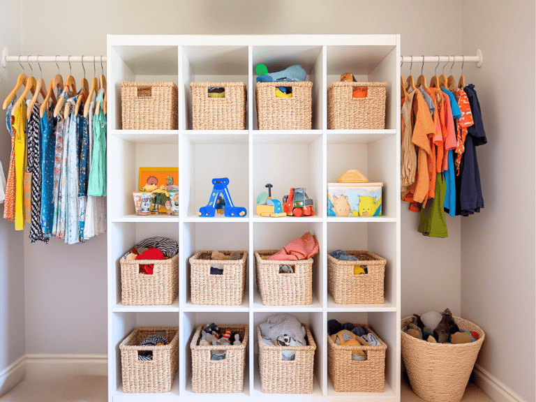 Kids clothes organized in wicker baskets on a shelving unit in a closet.