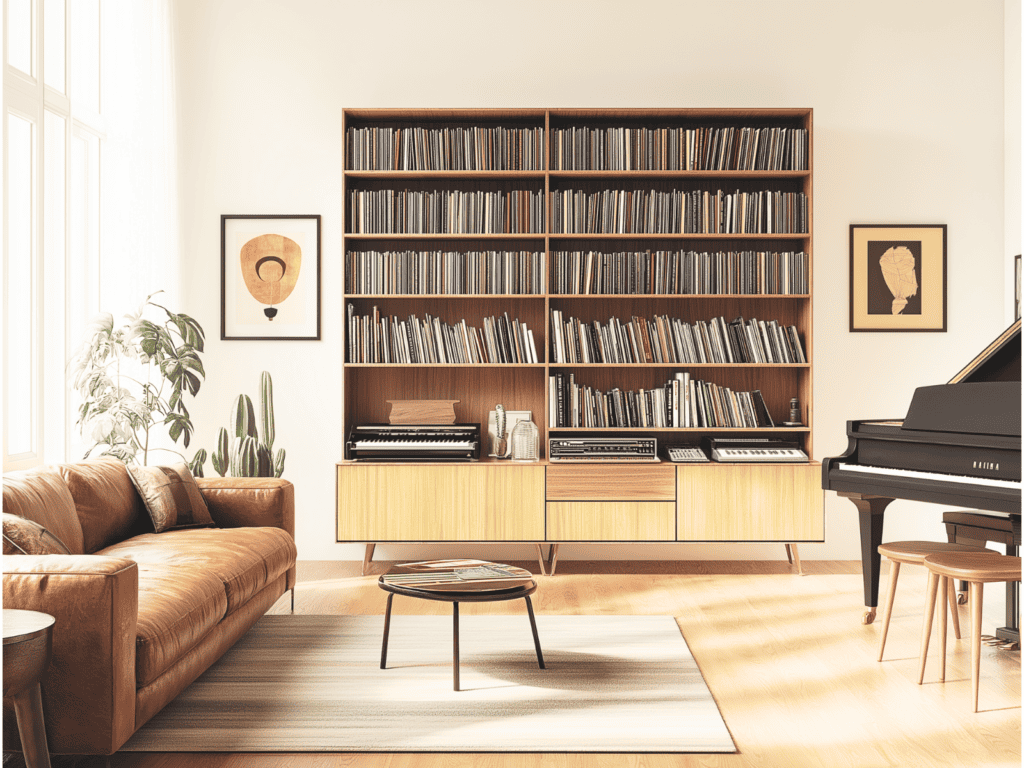 A white room with a bookshelf, a couch, and a piano.