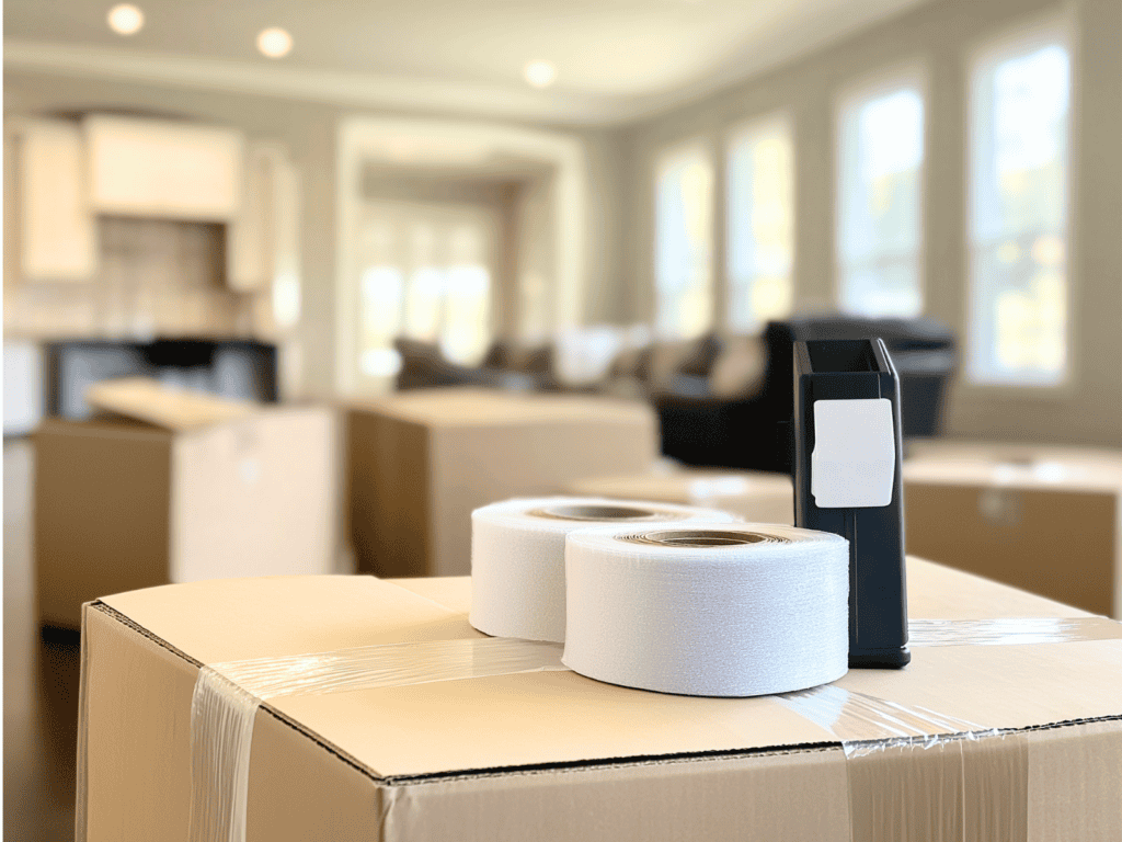 Two rolls of tape sitting on a moving box with boxes and a living room in the background.