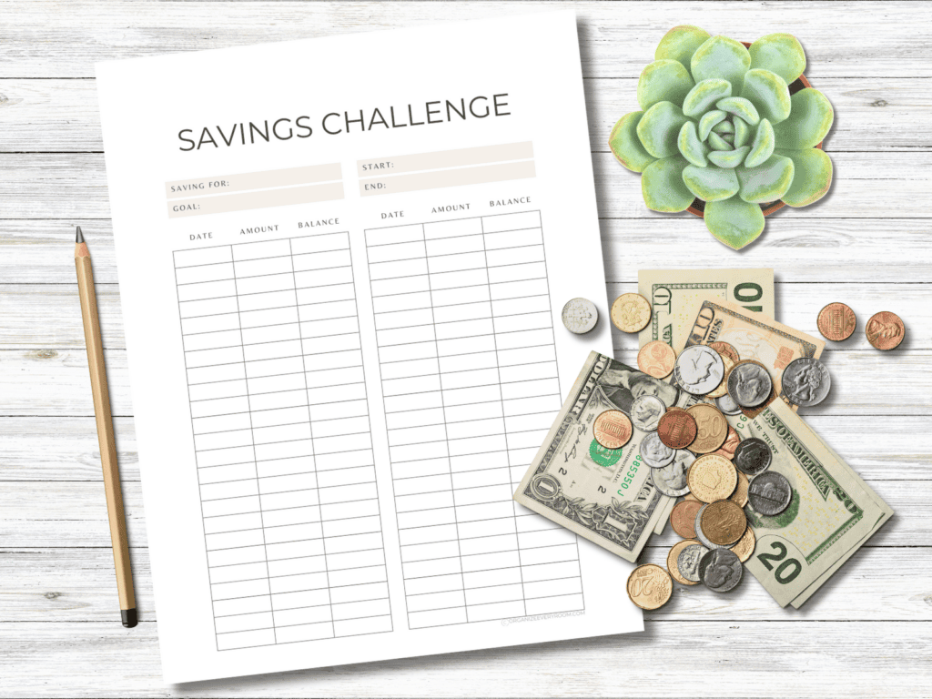 The savings challenge page beside some money, a plant, and a pencil.