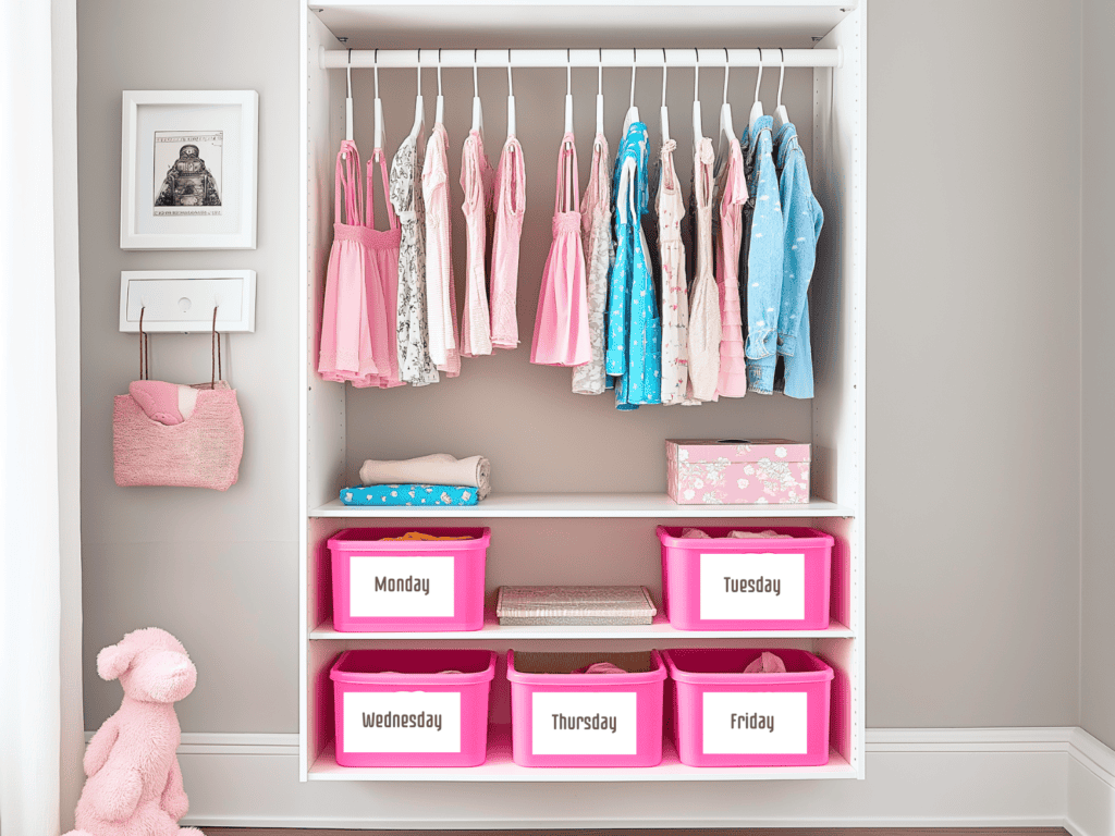 Bins labeled with the days of the week and they contain outfits. Clothes are hanging above the pink bins.