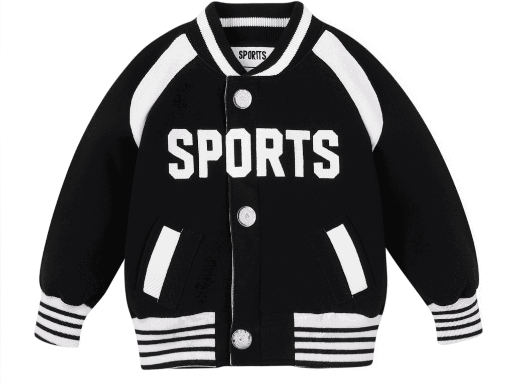 A black and white child's varsity jacket that says "sports" across the front.