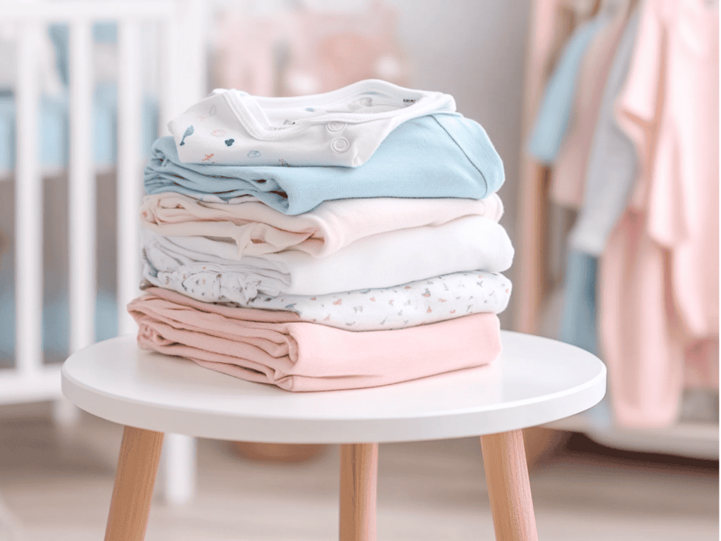 A stack of folded baby clothes on a white stool lin a nursery.