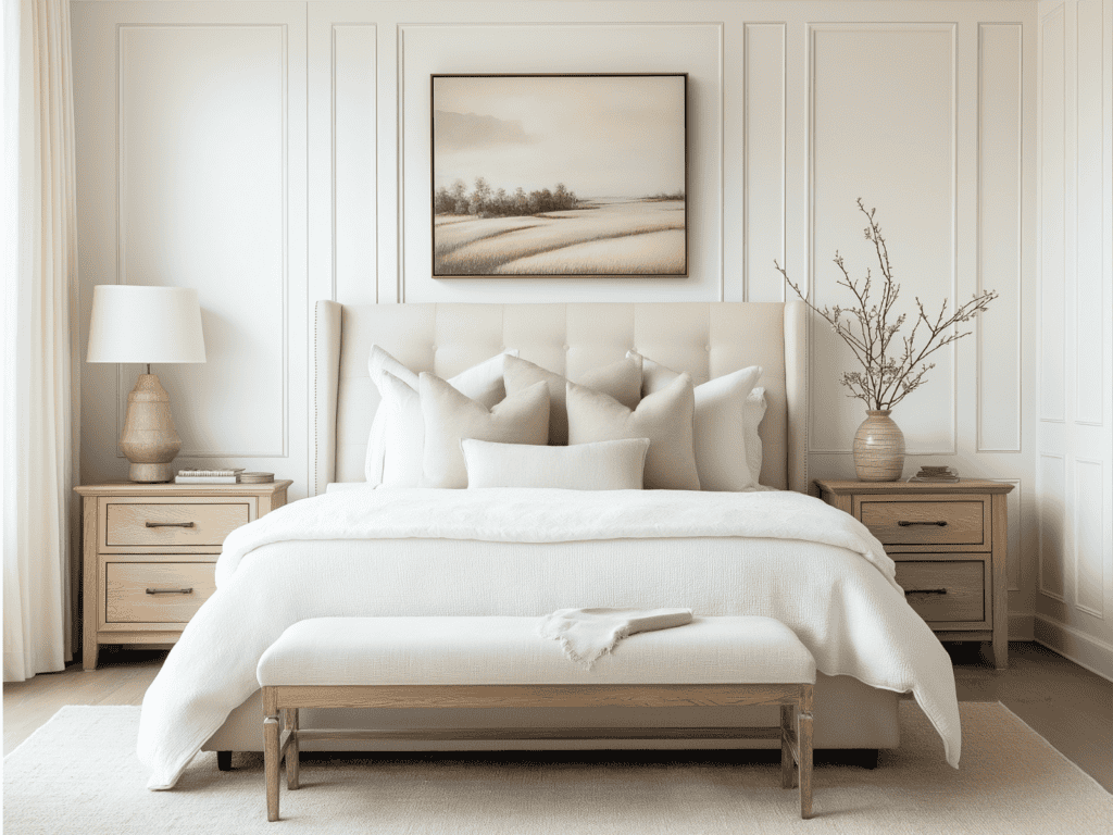 A clean and well organized bedroom in neutral colors.