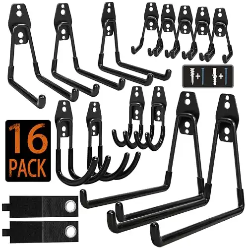 KOFANI Garage Hooks, 16 Pack Steel Heavy Duty Garage Storage Hooks with Anti-Slip Coating, Utility Garage Wall Mount Hooks for Hanging Bike, Ladder and Garden Tools