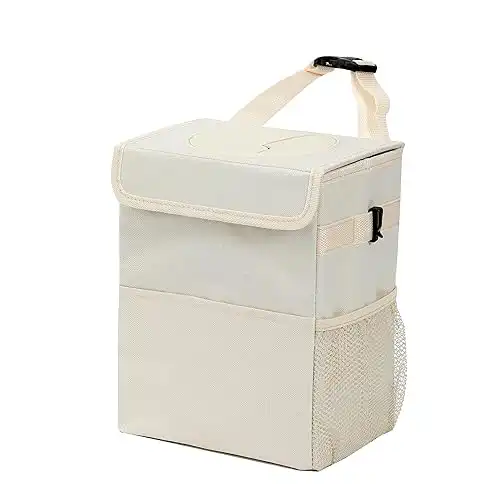 Car garbage can with lid Leak Proof Vehicle Trash Can 3 Storage Pockets Hanging Waterproof car trash bag for suv beige