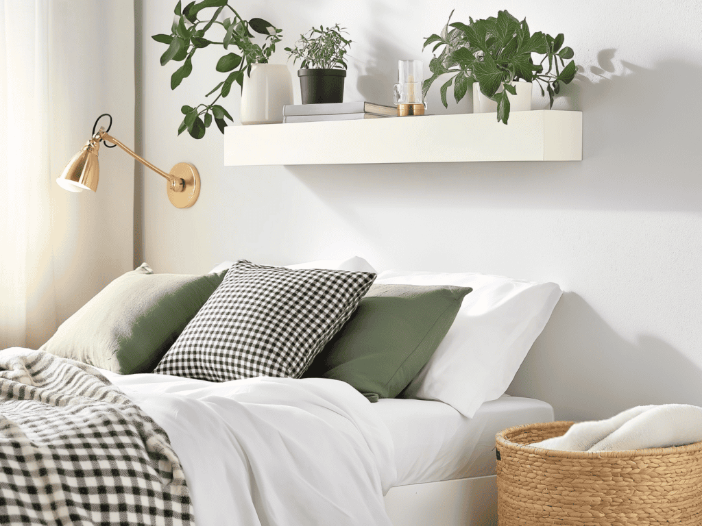 A large woven basket with a blanket in it beside of a bed. A shelf above the bed with decorative items on it.