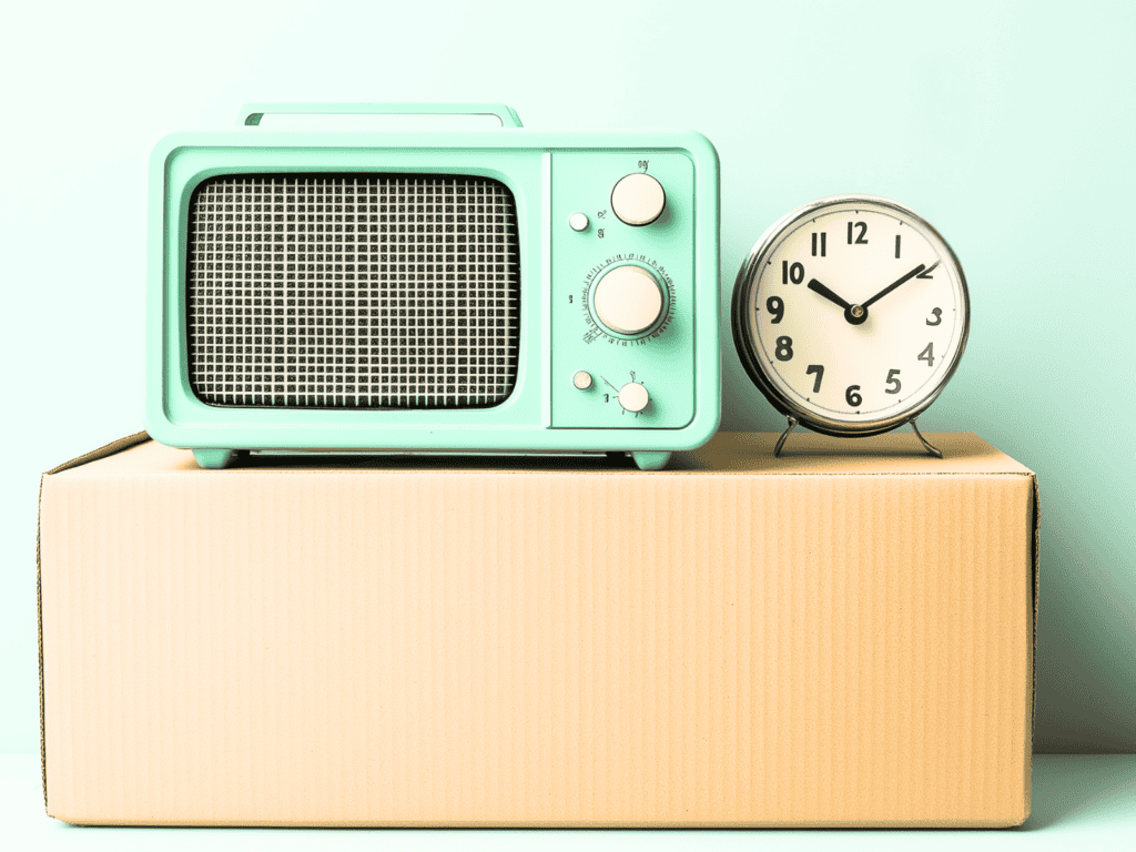 An antique radio and clock sitting on a box.