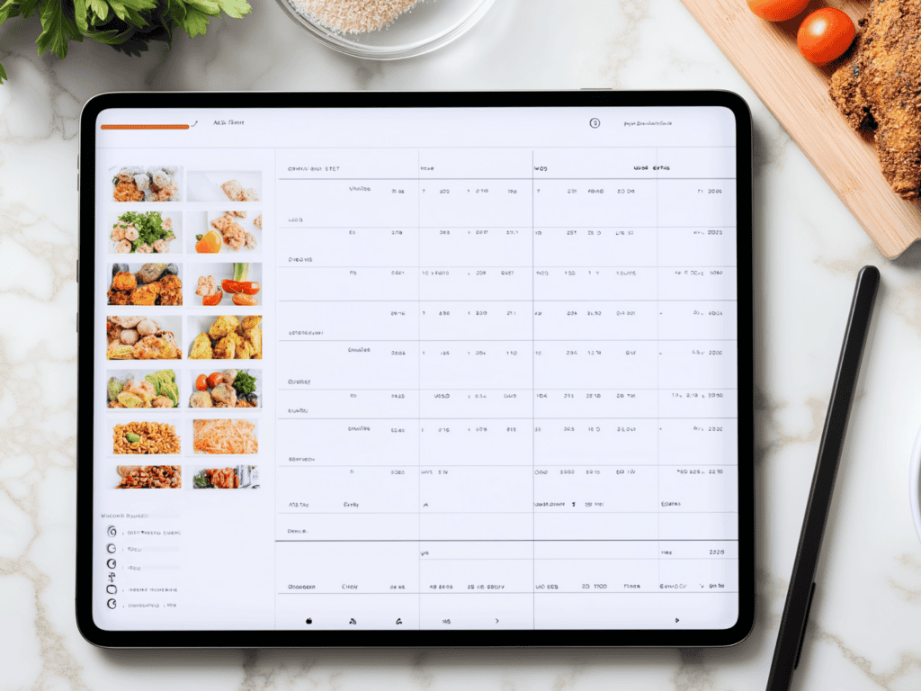 A digital meal planner on a countertop in a kitchen.