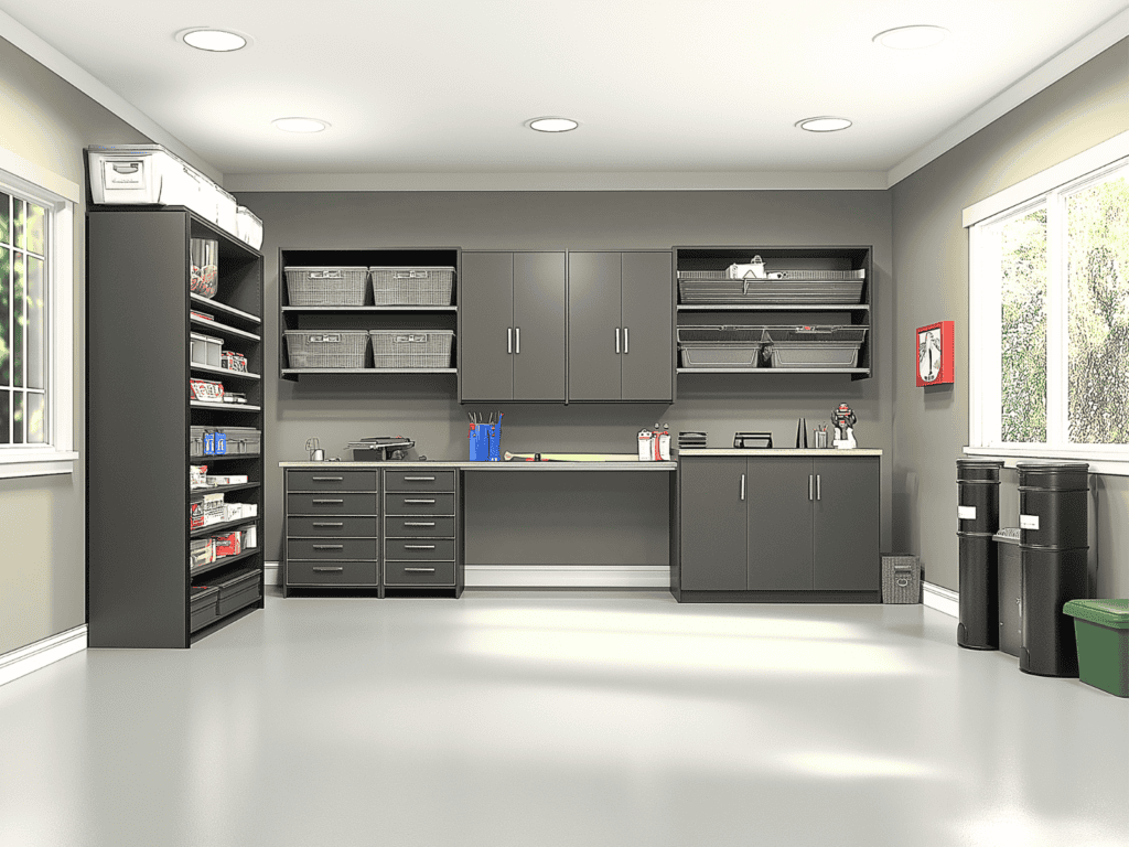 A white garage with gray shelves and cabinets.