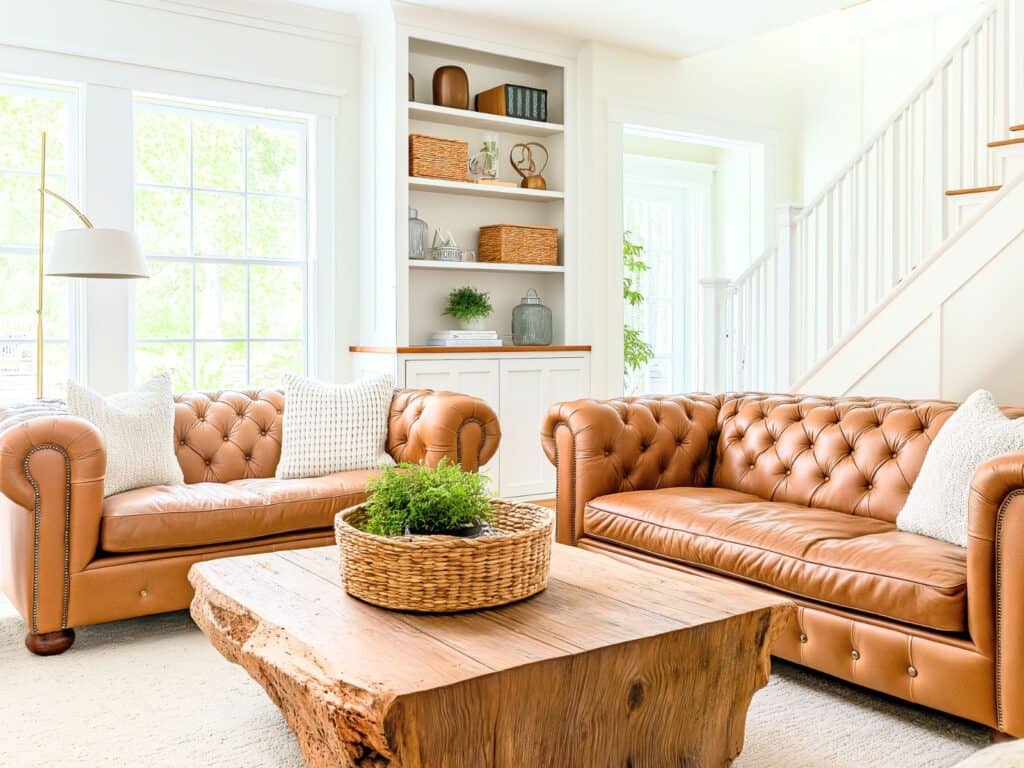 Two sofas and a table in the living room. There is a basket on the table and baskets on the bookshelves in the background.