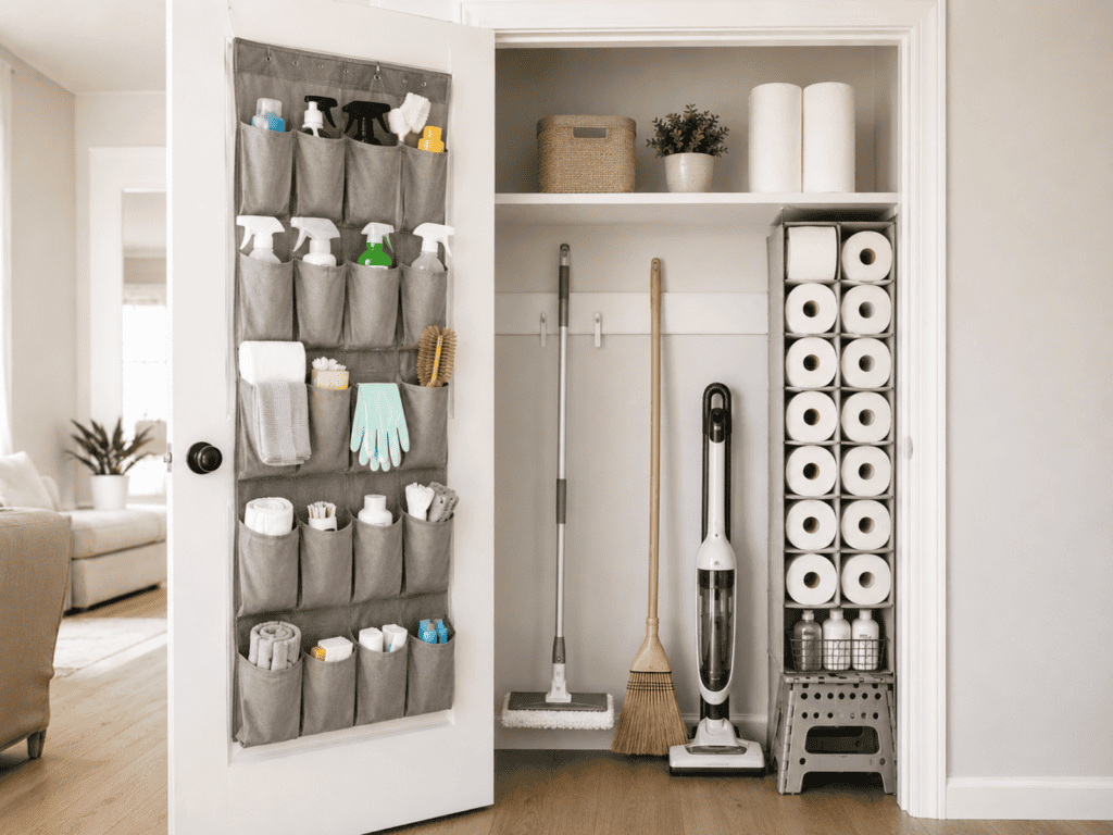 A closet with over the door storage for cleaning supplies.