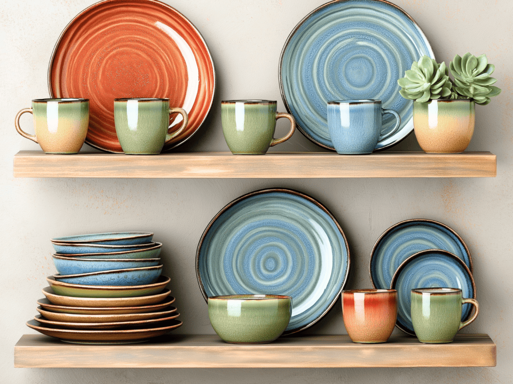 Multi colored dishes arranged neatly on two wooden shelves.