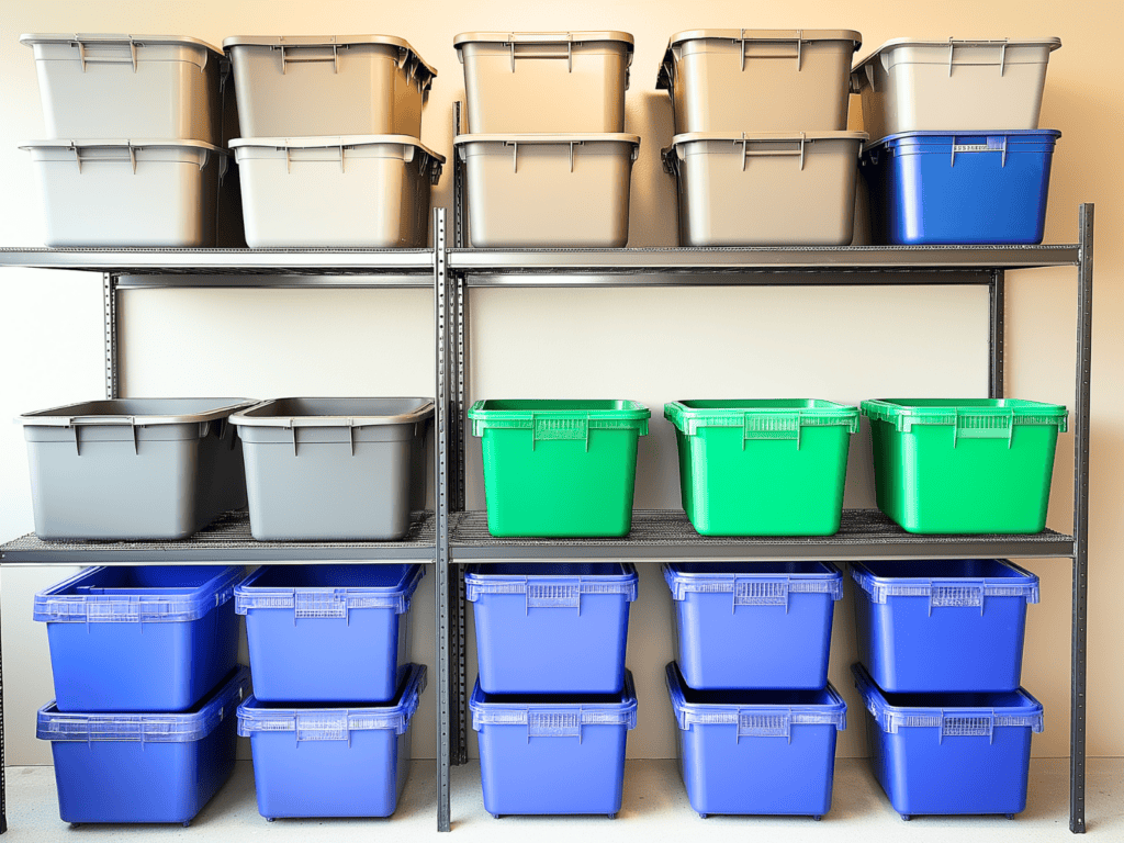 Plastic storage containers on shelves in a garage.