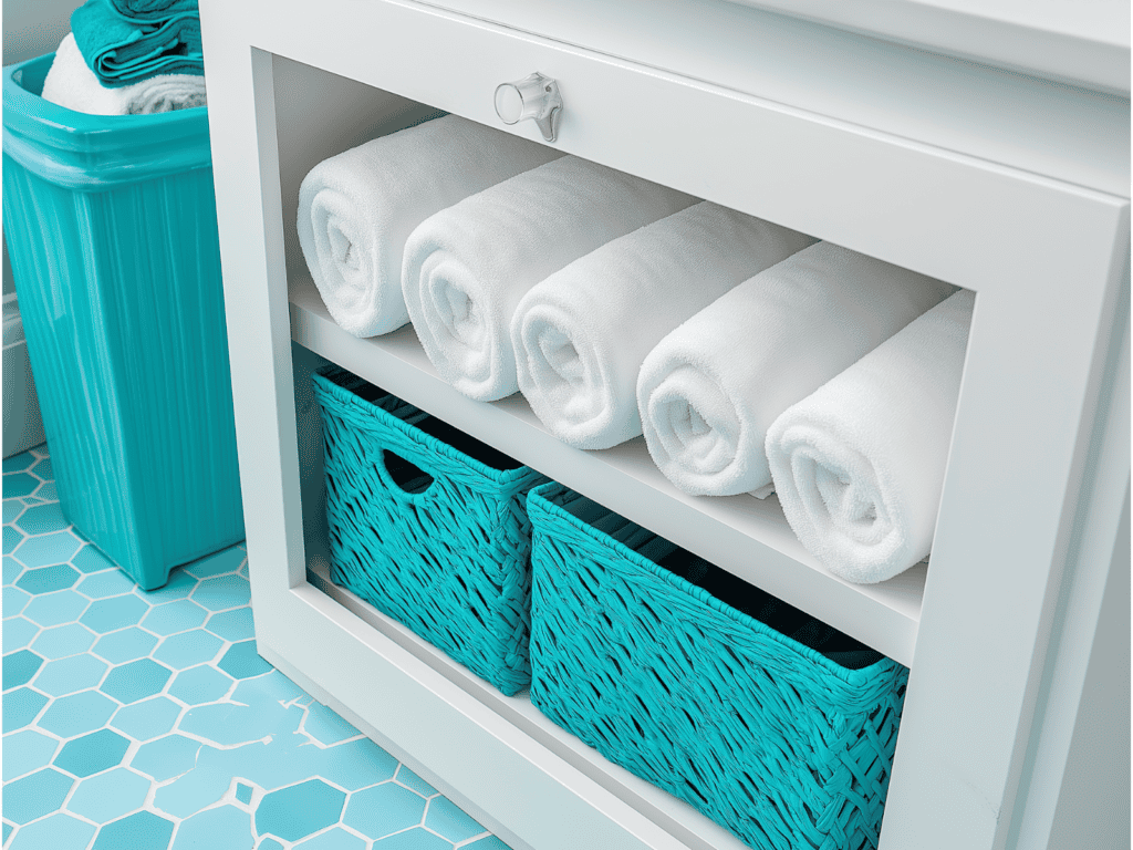 A white shelf in a bathroom that holds towels and two blue baskets. A clothes hamper sits beside the shelf.