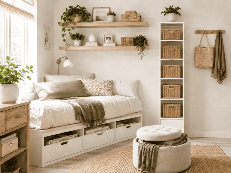 Bright, organized small bedroom featuring under-bed drawers, floating shelves, baskets, a storage ottoman, vertical shelving, and an over-the-door organizer.