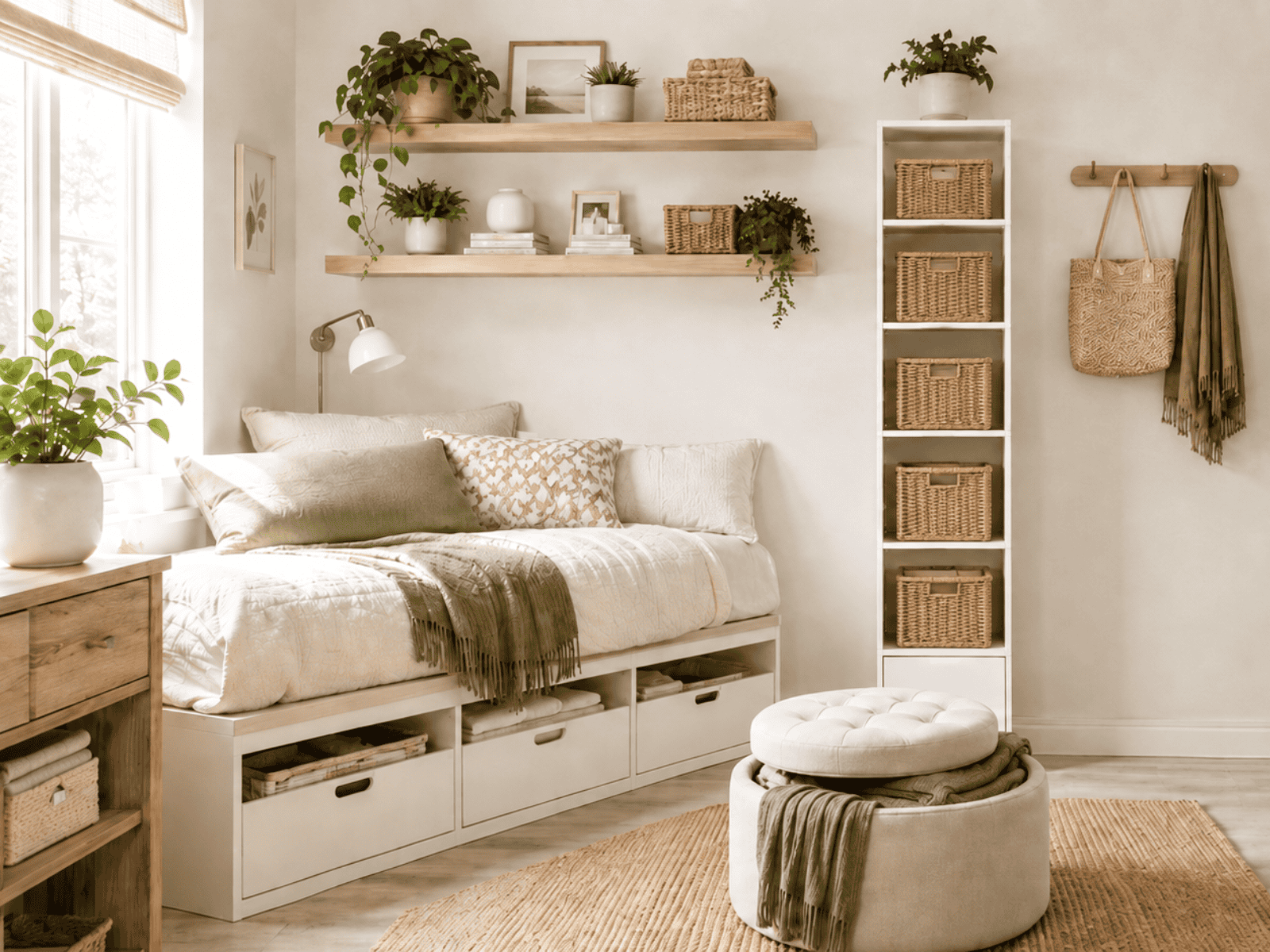 Bright, organized small bedroom featuring under-bed drawers, floating shelves, baskets, a storage ottoman, vertical shelving, and an over-the-door organizer.