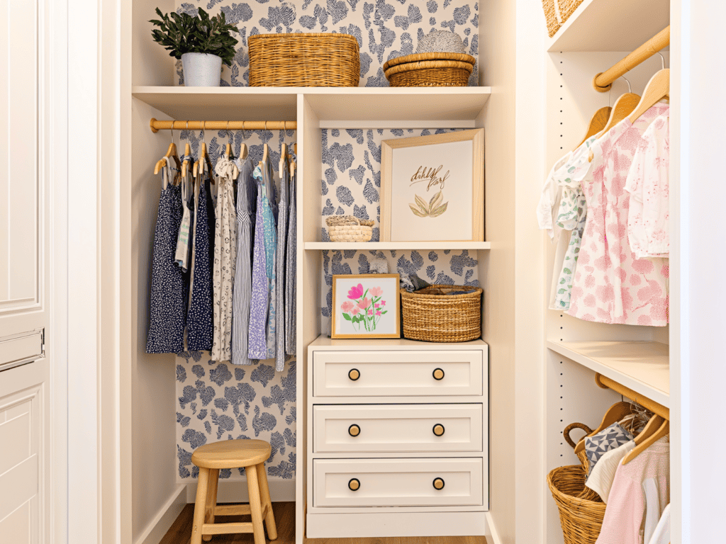 A closet with shelves, drawers, baskets, and single and double hanging clothes rods.