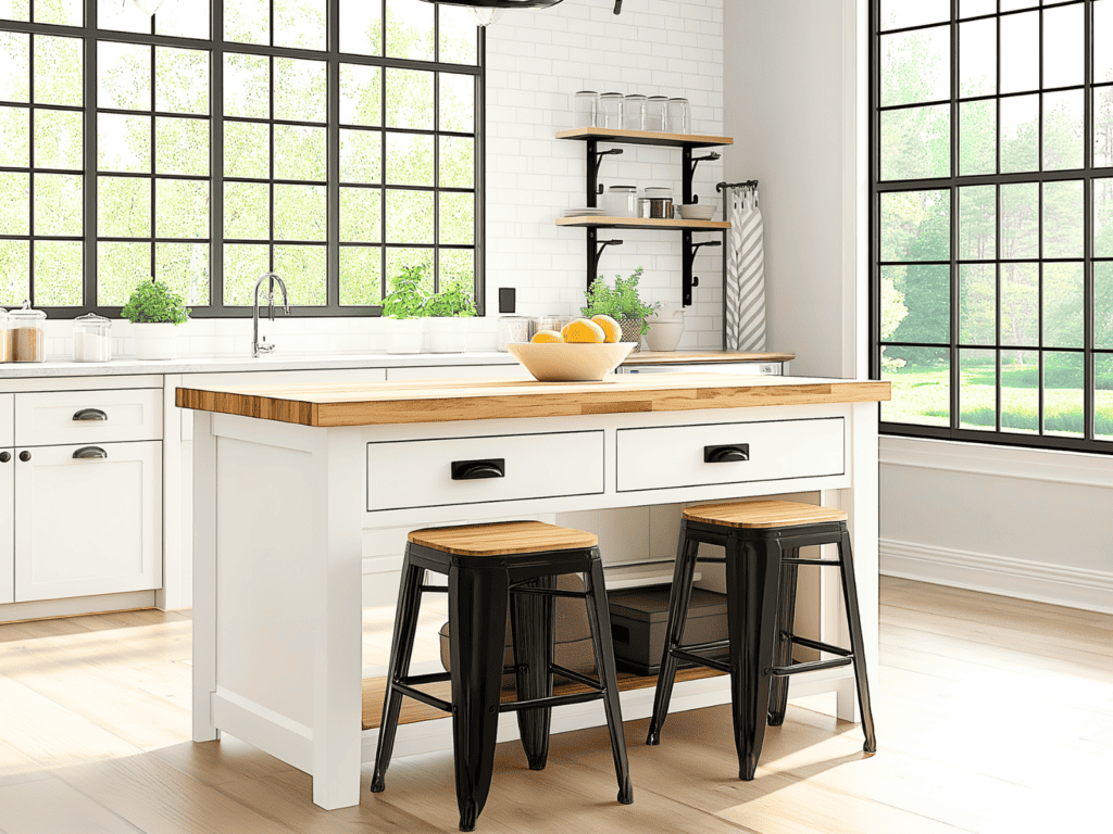 A white kitchen island with stools. The walls have shelves and windows.