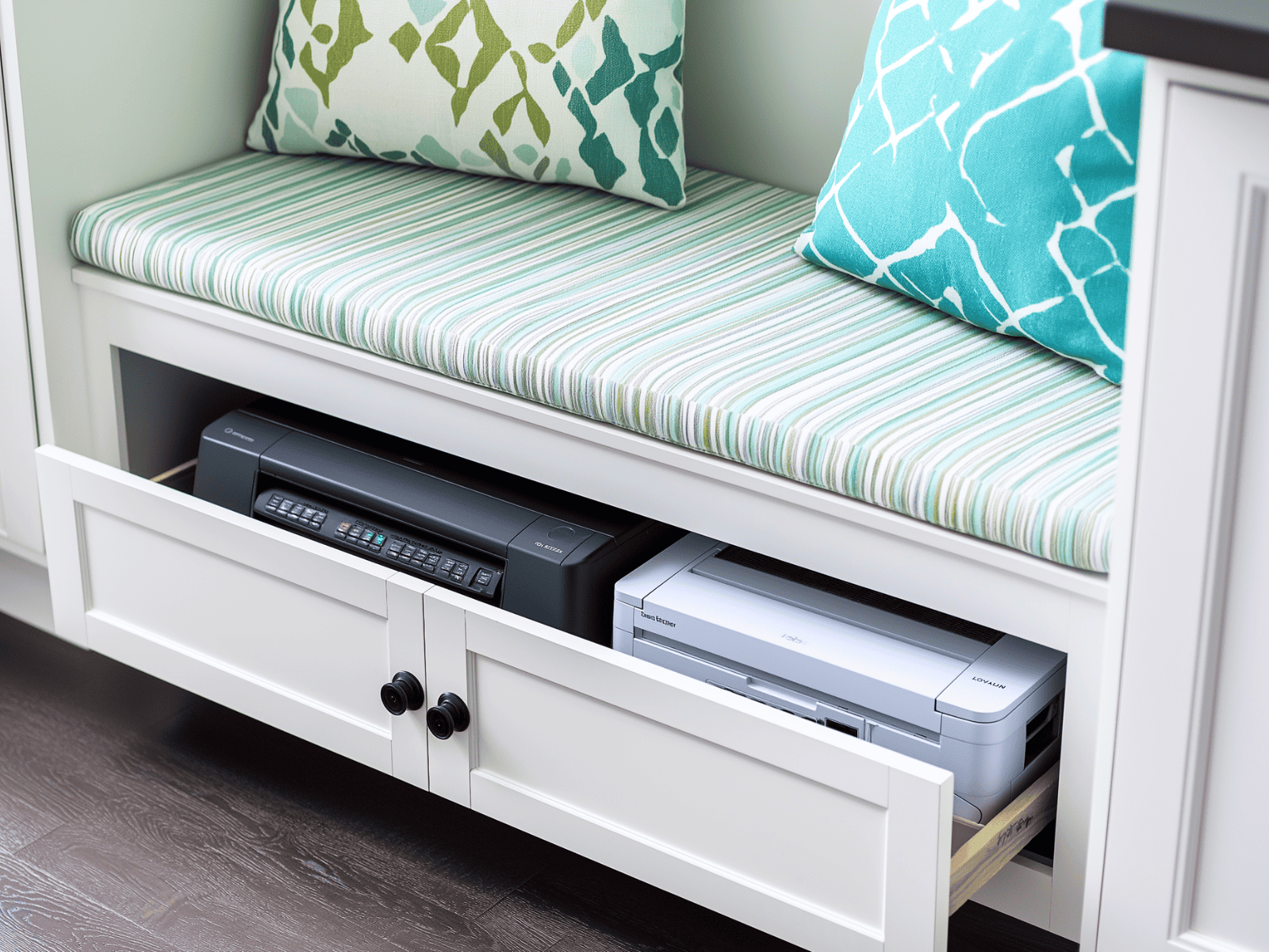 A bench seat with a drawer underneath and pillows on the bench.