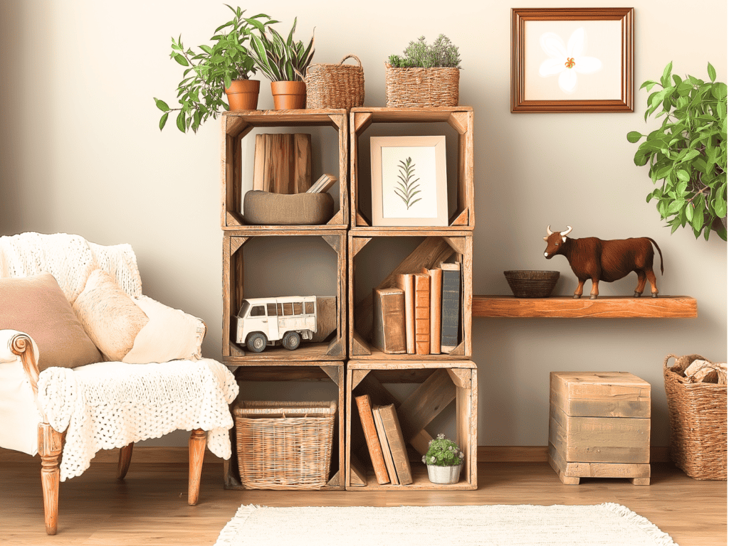 Six wooden crates being used for DIY storage in a living room.