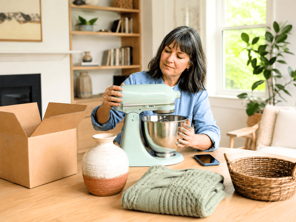 Woman inspecting a stand mixer to decide whether it is worth selling.