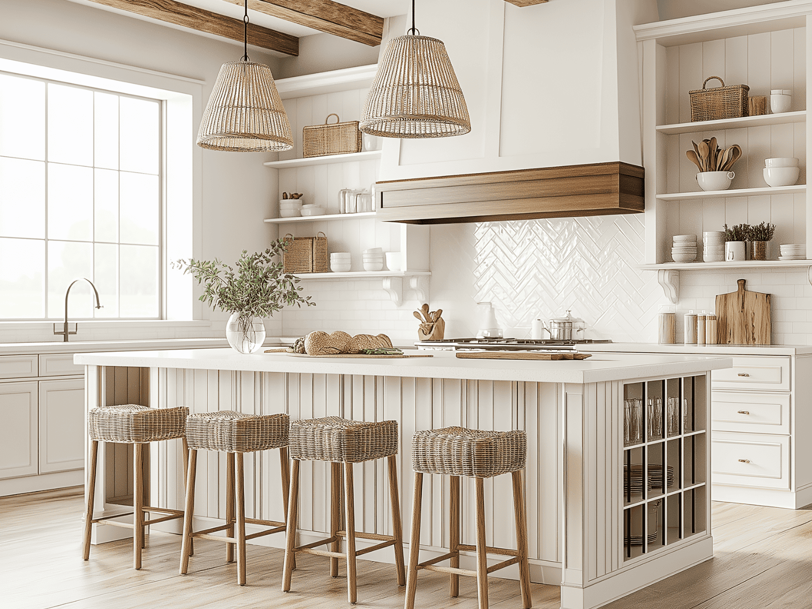 A white kitchen with an island and 4 benches. Shelves flank the sides of the oven and two sconces hang over the island.