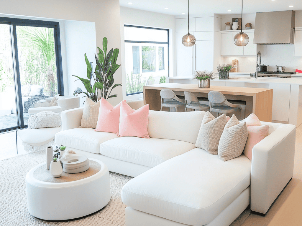 A living room with a white sofa and pink pillows.