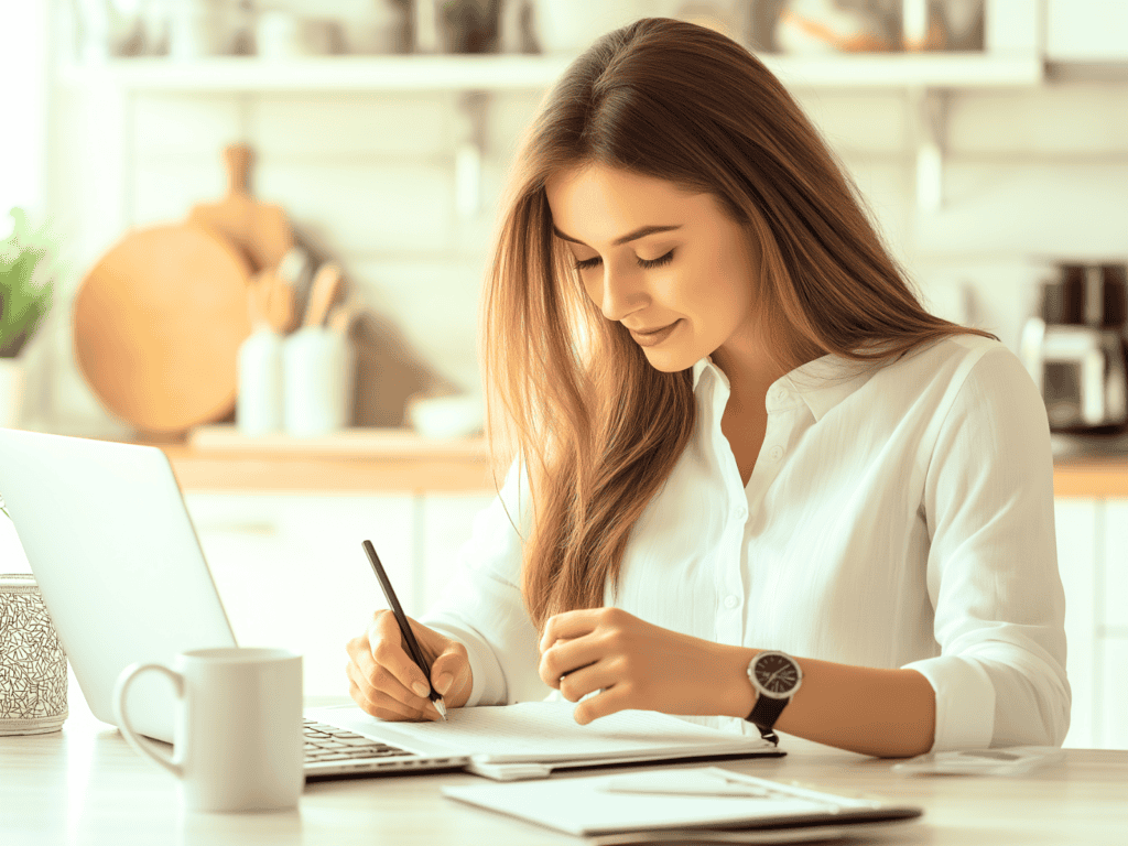 A woman sitting at her kitchen table writing in her decluttering planner.