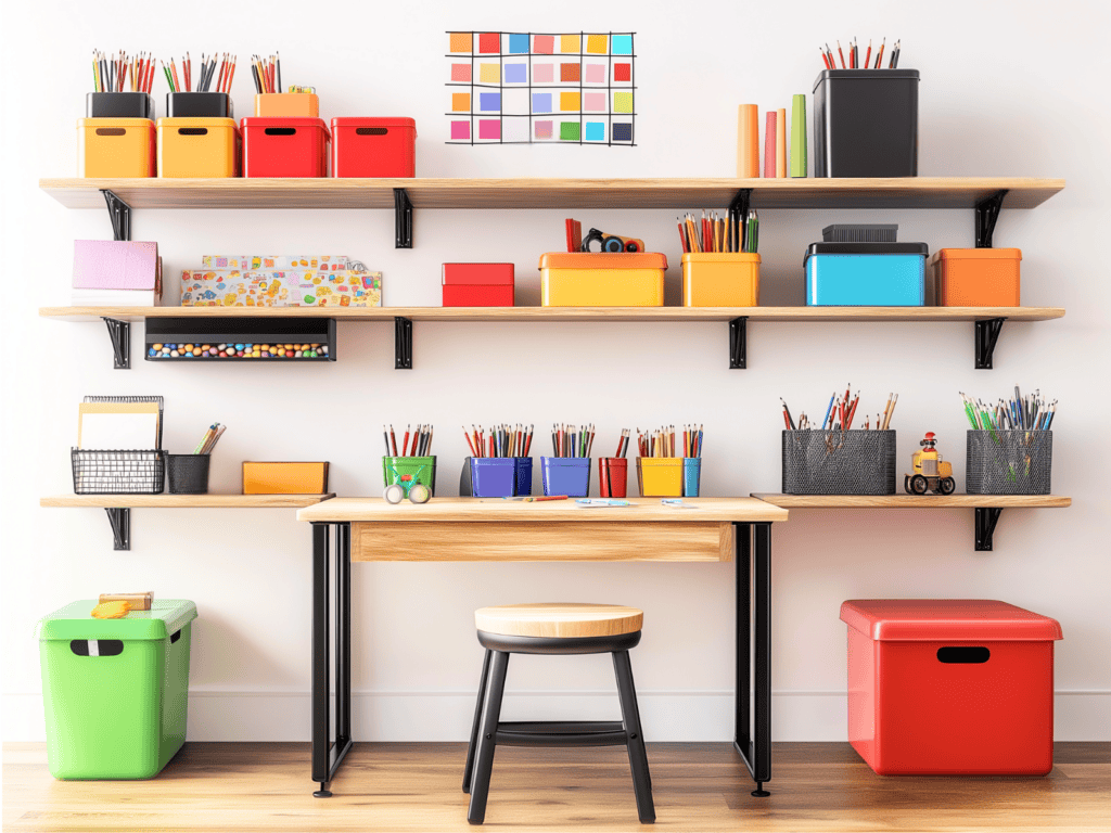 A desk with two shelves above it and the desk and shelves are cluttered with art supplies.