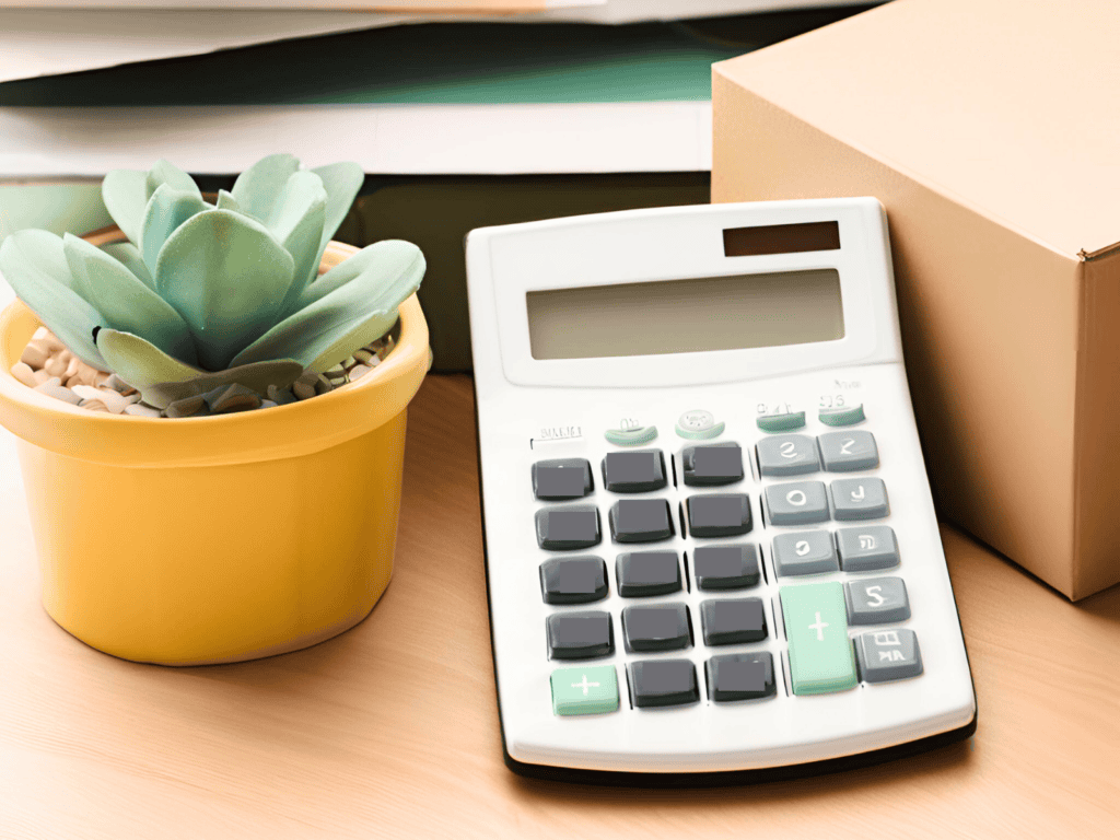 A calculator sitting beside a plant and a box.