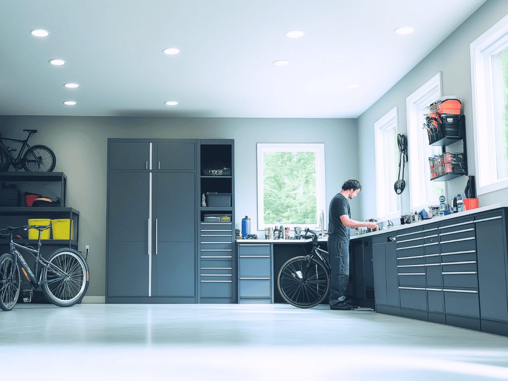 A large garage with gray shelves and a white floor. A man working at a workbench.