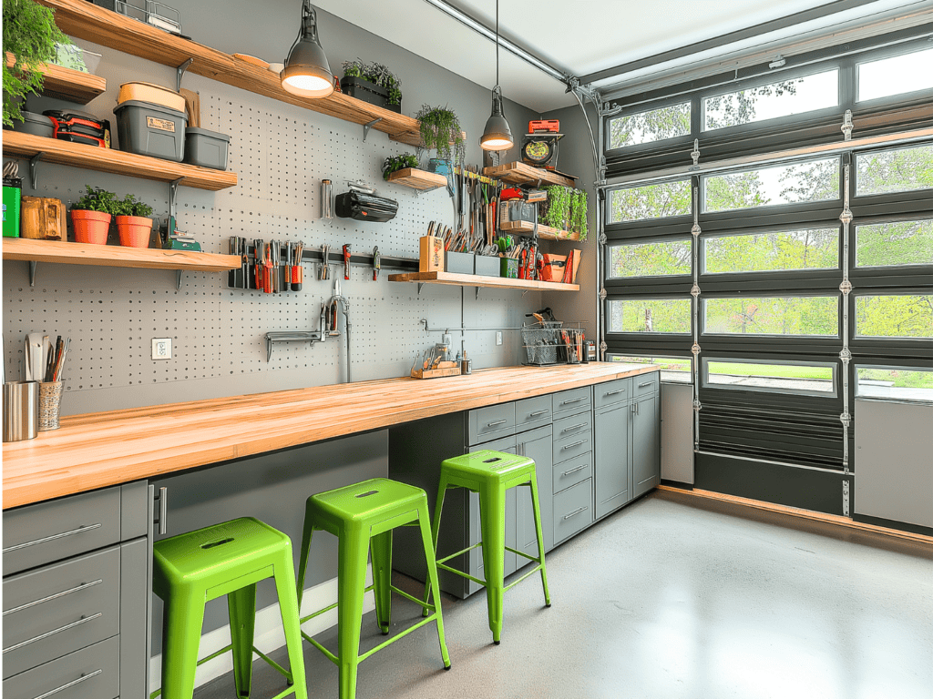 A gray garage with a glass garage door and green stools at a wooden work bench.